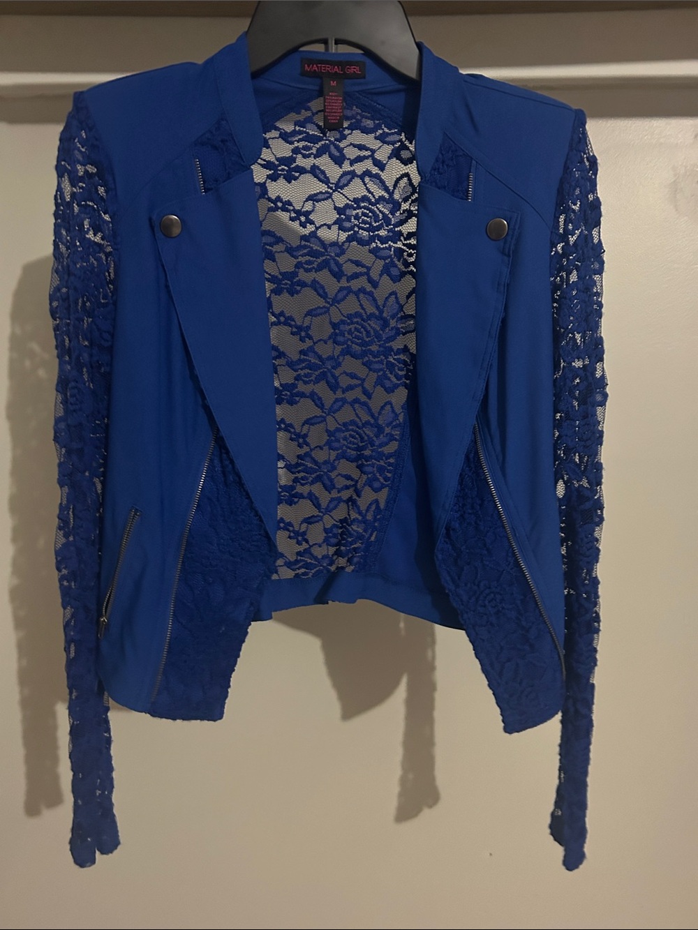 Material Girl Royal Blue Lace-Back Moto Blazer